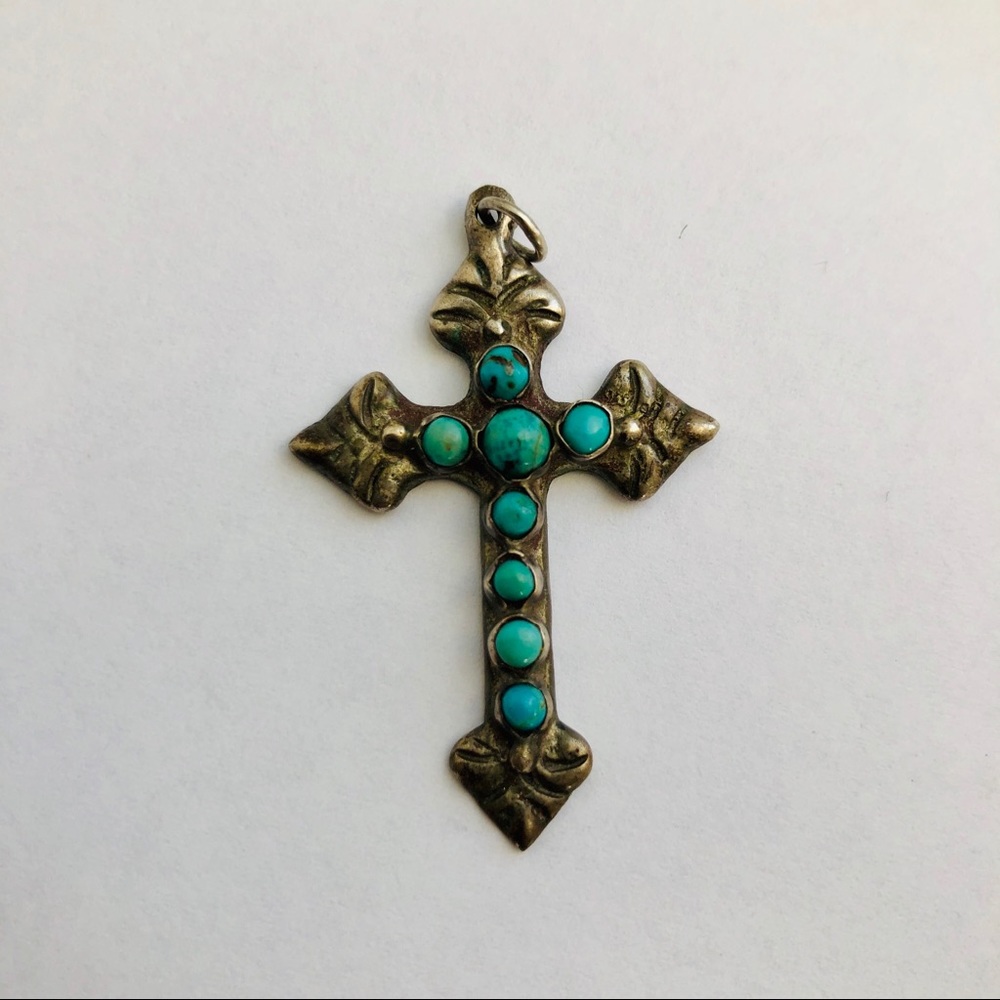 Turquoise Silver Cross Pendant Southwestern